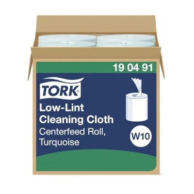 Immagine di Tork 190491 Panno per pulizia senza residui Premium, compatibile con il sistema W10 (secchiello estrazione centrale), monovelo, 1 conf. x 4 rotoli (4 60 m), colore turchese