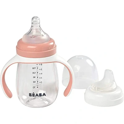 Immagine di BÉABA Biberon/Tazza di Apprendimento 2 in 1, Tazza con cannuccia per Bambini, 100% a Tenuta, Salvagoccia, Facile da aprire, Manici Removibili, Tritan e Silicone, 210 ml, Rosa