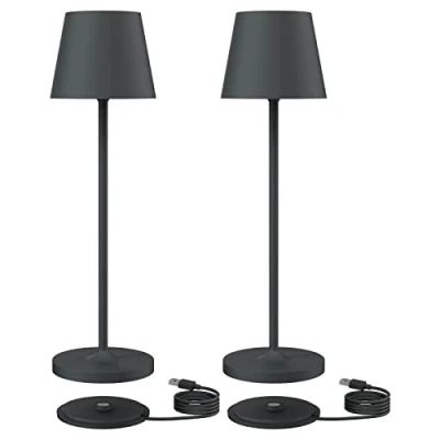 Immagine di Klighten 2 Pezzi Lampada LED Dimmerabile da Tavolo, Ricaricabile Luce calda 3000K Scrivania in Alluminio, H38cm, Antracite, IP54, con Base di Ricarica Contatt, per Interni/Esterni