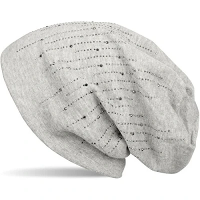 Immagine di styleBREAKER Cuffia Beanie con Strass e Borchie in Elegante Design a Righe, Slouch longbeanie, Unisex 04024086, Colore:Grigio Chiaro Pois