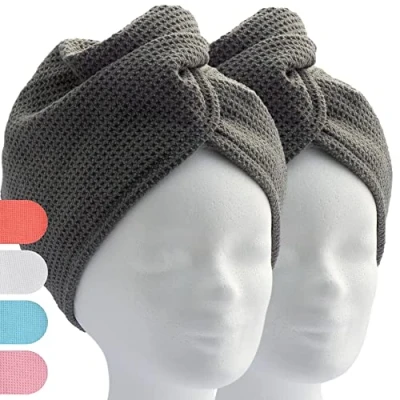 Immagine di ELEXACARE turbante asciugacapelli, asciugamano con bottone (2 pezzi, bianco), in microfibra per capelli