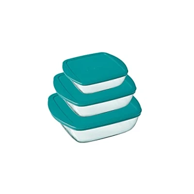 Immagine di Pyrex® Cook &amp; Store Set di 3 piatti quadrati in vetro con coperchi (0,35 l; 1 2,2 l); senza BPA