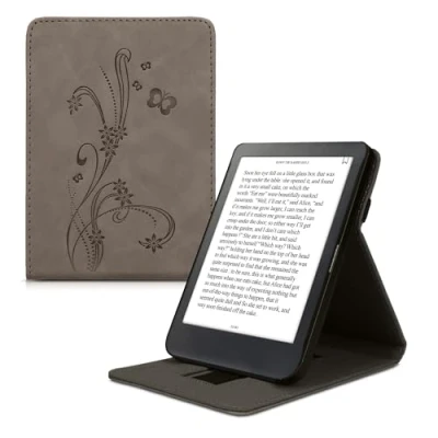 Immagine di kwmobile Custodia verticale compatibile con Kobo Clara BW/Colour in pelle nabuk sintetica fascia mano e leggìo Standing Cover Reader Flip Case Viticci grigio