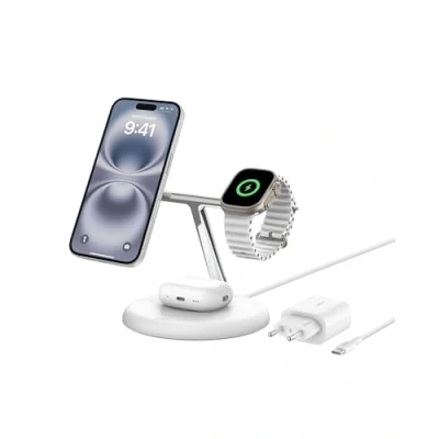Immagine di Belkin Supporto di ricarica wireless magnetica 3 in 1 con Qi2 (15 W), compatibile MagSafe, caricatore rapido per iPhone 16/15/14/13, AirPods, Apple Watch e altri (alimentatore incluso) Bianco