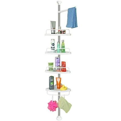 Immagine di stardis Scaffale angolare telescopico in acciaio inox con 4 ripiani, per doccia, bagno, regolabile altezza da 120 a 300 cm, bianco