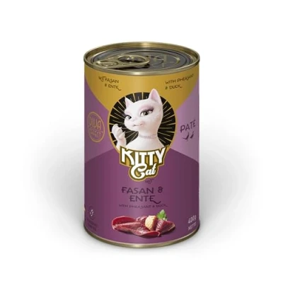Immagine di KITTY Cat Paté Fagiano &amp; Anatra, 6 x 400 g, Cibo umido per gatti, senza cereali con taurina, olio di salmone e cozze dalle labbra verdi, alimento completo ad alto contenuto carne, Made in Germany
