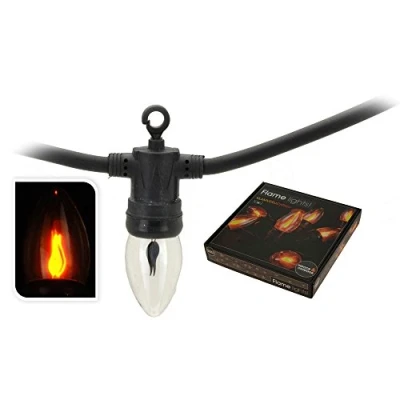 Immagine di Globe Warehouse Catena di 10 luci a effetto fiamma con attacco E14, per interni ed esterni, cavo da 360 cm + 150 cm, colore: nero