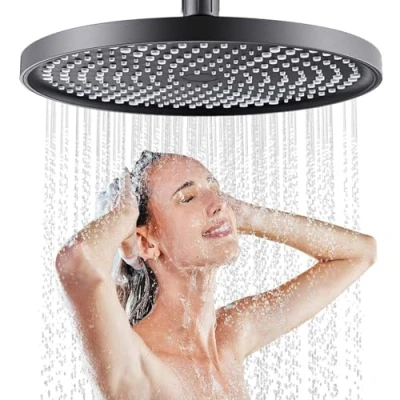 Immagine di JINYOMFLY Soffione Doccia 10 Pollici Anticalcare, Grande Fisso a Pioggia, Rotondo Soffioni Docce, alta Pressione, Testa Regolabile 360, 25cm (Nero)