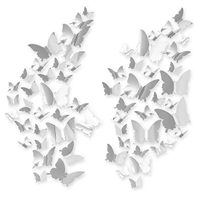 Immagine di Adesivi Murali 3D con Farfalle, CAYUDEN 60 Pezzi Rimovibili a Specchio Decorazioni Fai 3 Dimensioni Decalcomanie Muro Farfalle Camera Porta, Finestra Decorazione Decalcomanie(D&#039;argento)
