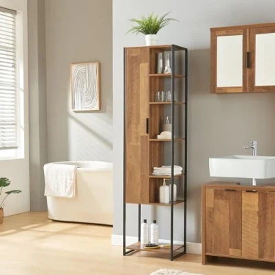 Immagine di [en.casa] Mobile a Colonna per Bagno Armadio Alto Stretto con Anta e Ripiani Arredo 165 x 42,5 30 cm Nero/effetto Legno Intarsiato color Noce
