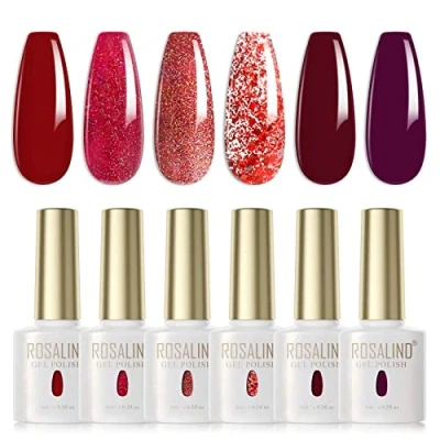 Immagine di ROSALIND Shellac Smalto Semipermanente Unghie Rosso Scuro Vino Viola Glitterato 6 Colori UV LED Soak Off Gel Smalti Semipermanenti 6ml