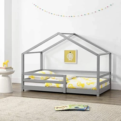 Immagine di [en.casa] Letto per Cameretta a Forma di Casetta Bambini con Barriere Sicurezza 70 x 140 cm Struttura in Legno Pino Sponde Grigio Chiaro