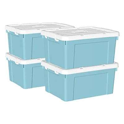 Immagine di Cetomo Scatola portaoggetti in plastica 45L* 4, contenitore per organizzare con coperchio durevole e fibbie di chiusura sicura, impilabile annidabile, confezione da blu fibbia