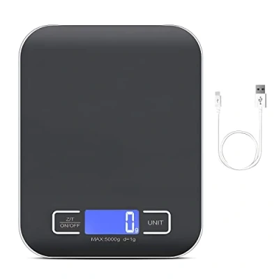 Immagine di Bilancia da cucina digitale 10 kg/1 g, ricaricabile tramite USB, con display LCD e funzione tara, cavo di ricarica della batteria, colore: nero