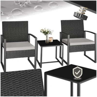 Immagine di TecTake® Salottino da Esterno in Rattan Granada, Set Giardino con Tavolino Salotto, Lastra Vetro, Sedie, Comode Imbottiture, Regolabile, Resistente ai Raggi UV