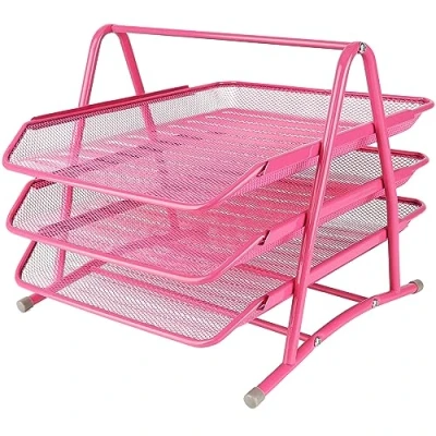 Immagine di Belle Vous Organizer Documenti a 3 Livelli in Rete Rosa Porta Scrivania A4 Metallo Organizzatore Documenti/Carta per Ufficio, Scrivania, Tavolo, Casa, Studio o Scuola