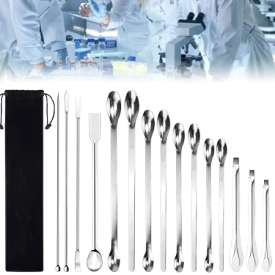 Immagine di DTYGUIXE 15 Pz Spatola e Cucchiaio da Laboratorio in Acciaio Inossidabile Micro Paletta a Doppia Testa con Custodia Velluto per Polveri di Campionamento
