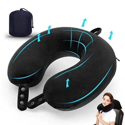 Immagine di cuscino cervicale da viaggio, in memory foam per aereo, supporto la testa, morbido regolabile auto e reclinabile a casa (nero)