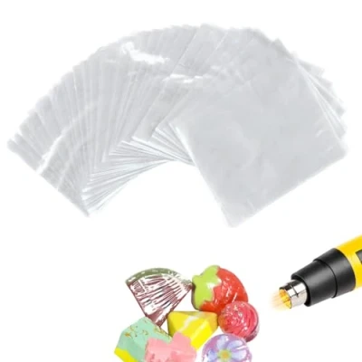 Immagine di 100 sacchetti termorestringenti in POF da 10 x 15 cm, trasparenti, termorestringenti, per confezioni fai te, sapone, bombe bagno, candele