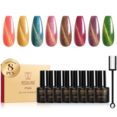 Immagine di ROSALIND Smalto Semipermanente Unghie Magnetico, 8 Colori Rosa Giallo Blu Marrone Viola Verde Arcobaleno Cristallo Cat Eye Smalti Semipermanenti per Unghie,Mini UV Filo D&#039;oro Cateye Gel