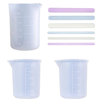 Immagine di iSuperb 3PCS Misurini in Silicone 250ml 100ml e 6PCS Stick di Agitazione Silicone, Tazze Misurino Agitatore Bastoncini per mescolare Resina Epossidica Artigianato (3 cups+6 sticks)