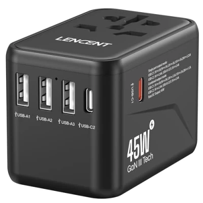 Immagine di LENCENT Adattatore Universale da Viaggio, GaN III 45W Caricatore USB C Rapido, Presa Elettrica Viaggio a Muro con 3 &amp; 2 PD, Spina Internazionale per Oltre 224 Paesi, Bianco