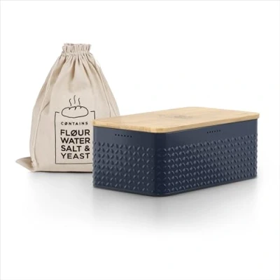 Immagine di LARS NYSØM Portapane con sacchetto per il pane incluso in lino I Cassetta freschezza particolarmente duratura Cestino coperchio bambù adatto come tagliere (Navy Blue)