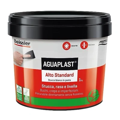 Immagine di Aguaplast Alto Standard stucco bianco pronto all&#039;uso per muro. Qualità superiore, interni, pareti e soffitti. Liscio 1kg