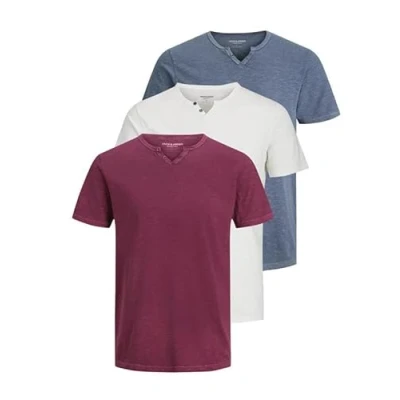 Immagine di JACK &amp; JONES JJESPLIT Maglietta basic da uomo, con scollo a V, maniche corte, in jersey di cotone, Confezione 3 pezzi (confezione A: Port Royale, Flint Stone, Cloud Dancer), S