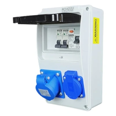 Immagine di RoadEu Distributore di corrente 230 V. presa monofase CEE 16 A 3P e Schuko con fusibile automatico A. interruttore FI. Prese integrate scatola dei