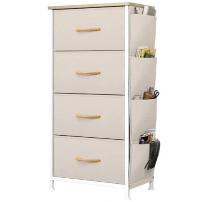 Immagine di YITAHOME Cassettiera in tessuto con tasche laterali, ganci, armadietto 4 cassetti, per Corridoio, vano contenitore soggiorno, camera da letto, cameretta dei bambini,beige