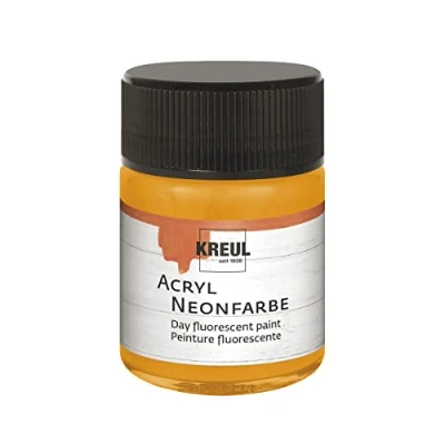 Immagine di Kreul 77562 vernice acrilica neon, bicchiere da 50 ml in arancione acrilico fluorescente day glow a base d&#039;acqua, cremosa semi opaca con intensa luminosità su fondo bianco.