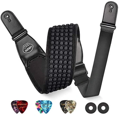 Immagine di LEKATO tracolla per chitarra imbottita in neoprene estremità vera pelle, cinghie regolabili bassi elettrici con 6 plettri e 2 chiusure