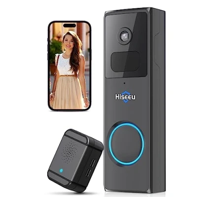 Immagine di Hiseeu Videocitofono WiFi Senza Fili Campanello Video da Esterno,2MP Telecamera Esterno con Suoneria, 4800 mAh Batteria,Visione Notturna, Rilevamento Umano PIR,Audio Bidirezionale,IP66