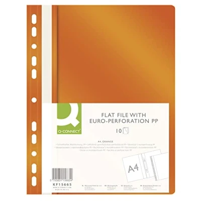 Immagine di Q CONNECT KF15665 Cartellina portadocumenti in plastica, formato A4, confezione da 10, colore: Arancione, pinzatrice perforata con etichettatrice, coperchio trasparente, perforazione