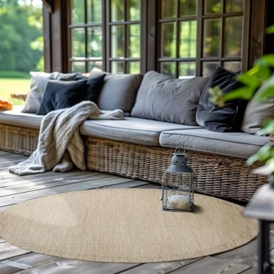 Immagine di SIMPEX Tappeto Esterno Rotondo per Terrazza, Balcone e Giardino, da Cucina Monocolore, Lavabile in Varie Misure Colori Beige, 120 cm