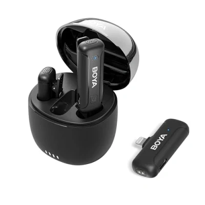 Immagine di BOYA microfono wireless per iPhone, iPhone registrazione video con riduzione del rumore e trasmissione di 100 m, tempo funzionamento 32 ore iPad