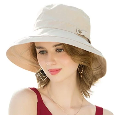 Immagine di SOMALER Cappelli da sole donna in cotone a tesa larga UPF50+ UV Packable Beach Hat Summer Bucket Cap per viaggio, Decorazione Bottone beige, Taglia unica