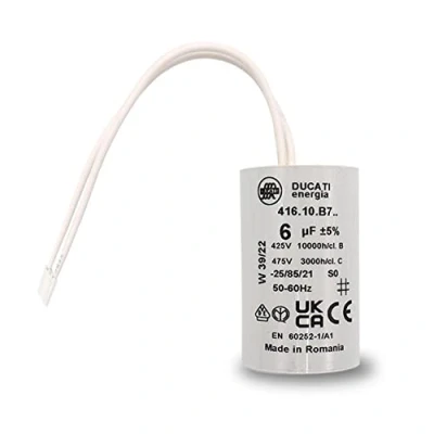 Immagine di condensatore 6uF con connettori per tapparelle Bubendorff, cilindro riparazione, alta qualità e lunga durata, fondo piatto, 450 V, Ducati Energia