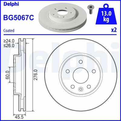 Immagine di DELPHI BG5067C Disco freno 276 26 5 ventilato rivestito non trattato senza cuscinetto ruota, anello sensore ABS OPEL: Astra K Hatchback