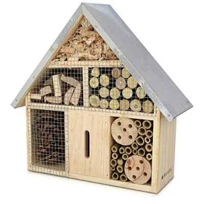 Immagine di Navaris casetta per Insetti in Legno rifugio Ecologico Farfalle vespe api coleotteri 24,5x28x7,5cm M Nido Tetto Metallo Materiali Naturali
