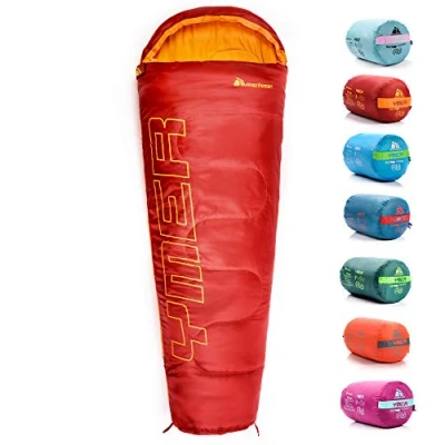 Immagine di meteor Sacco a Pelo Mummia Ideale per Bambini Campeggio Viaggio Escursioni Trekking Albergo Treno leggero Compatto Confortevole con Compressione YMER ((130 + 25) x 60/40 cm, Rosso/arancio)