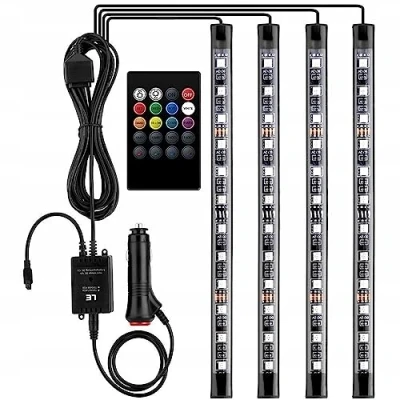 Immagine di Retoo illuminazione interna per auto a LED 12V con 4 pezzi 48 RGB, strisce multicolore da 3 m, striscia luminosa controllabile telecomando impermeabile accendisigari