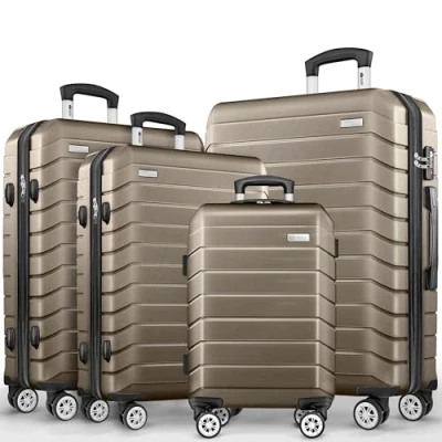 Immagine di tillvex® set di 4 valigie + bilancia per bagagli, 8 cinghie valigia e etichette da ruote, trolley TSA, custodia rigida S M L XL (oro rosa)