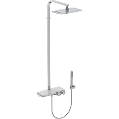 Immagine di Ideal Standard Ceratherm Colonna doccia con termostatico esterno doccia, mensola integrata in vetro infrangibile e struttura a sezione squadrata, Cromato