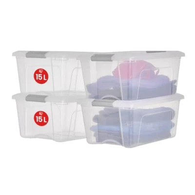 Immagine di Iris Ohyama Scatole Portaoggetti in Plastica con Coperchio, 15L, Lotto di 4, Argento, Clip Bloccaggio, Empilabile, Maniglia, Per Camera, Armadio, Ufficio, Organizzatore, Senza BPA Plastica,
