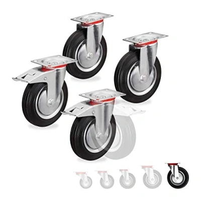 Immagine di relaxdays Ruote Girevoli, Set da 4 Rotelle Piroettanti a 360 con Cuscinetti Sfera, 2 Freni, Resistenti, D:200mm, Nere