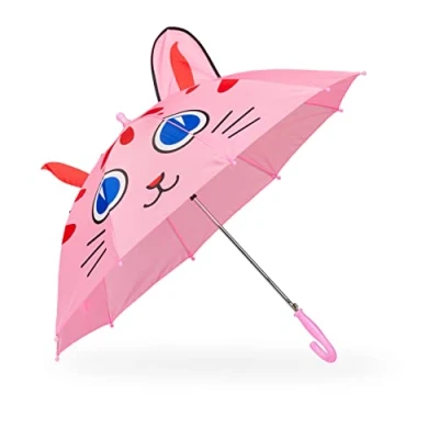 Immagine di Relaxdays Ombrello per Bambini, con Gatto in 3D, Ombrellino Parapioggia Bastone, Bimba e Bimbo, Ø 78 cm, Rosa, 70% Poliestere 20% Ferro 10% plastica