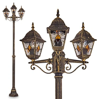 Immagine di lampada da esterno Antibes, candelabro in stile antico, fusione di alluminio marrone/oro con vetri, sentiero a 3 bracci 225cm, E27, giardino retro/vintage IP44, senza lampadina/e