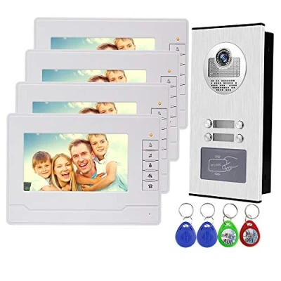 Immagine di uoweky Sistema da 7 &quot;RFID Cablato 4 Monitor Interni + 700TVL IR Telecamera Esterna per Visione Notturna Supporto ad Alta Risoluzione 500 Utenti RFID Appartamenti/Famiglie